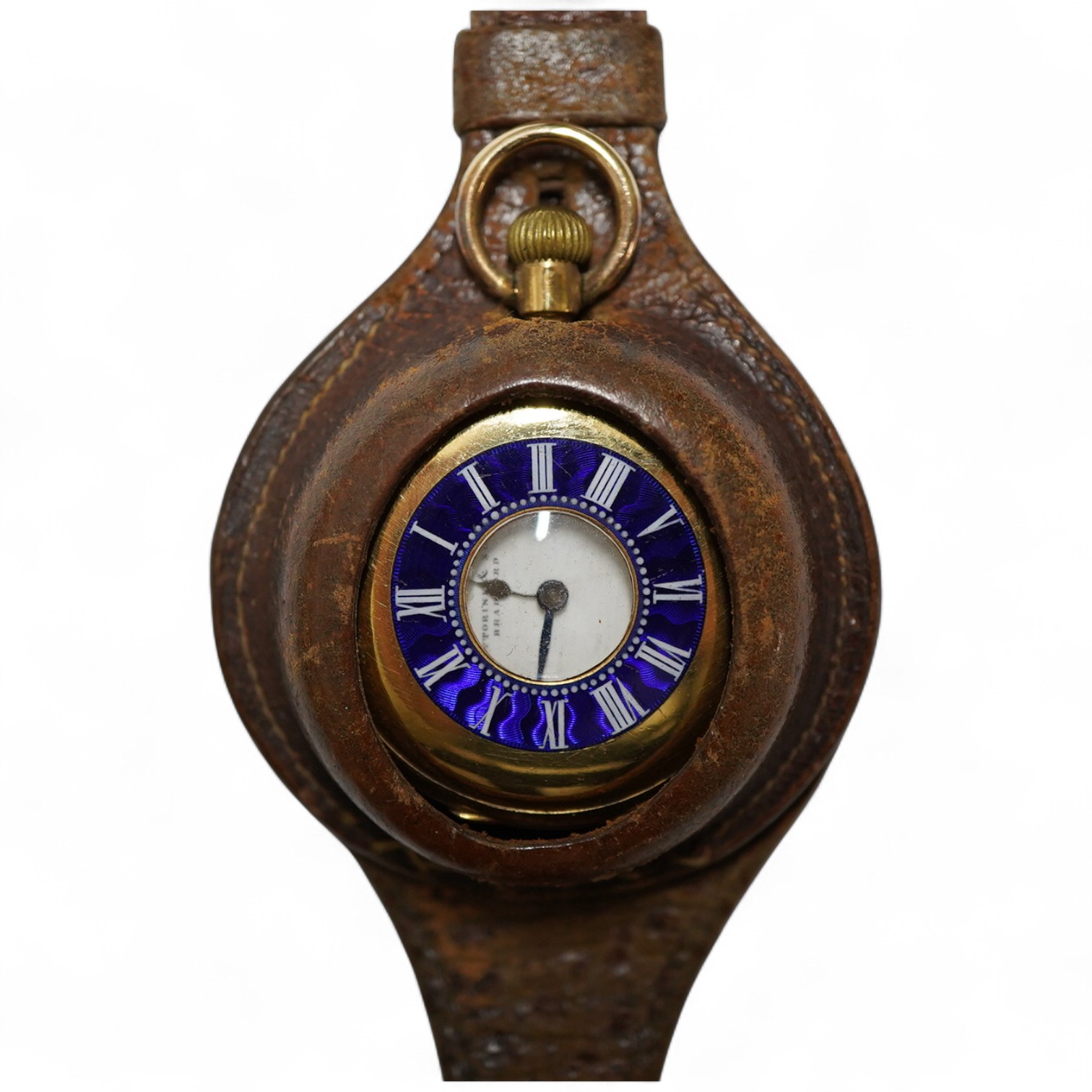 An early 20th century Swiss 18k and blue enamel half hunter keyless fob watch, with Roman chapter ring and dial, the movement signed 'Riverside', case diameter 35mm, gross weight 34 grams, now mounted in a leather watch